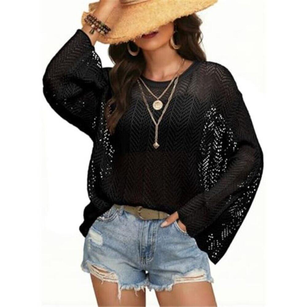 Black Crochet Beach Cover Up Bell Sleeve Mesh Sweater - Picture 5 of 9